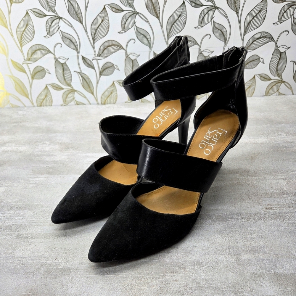 Franco Sarto Alysia Strappy Heel Closed Toe Women's 7.5 Black Leather / Suede